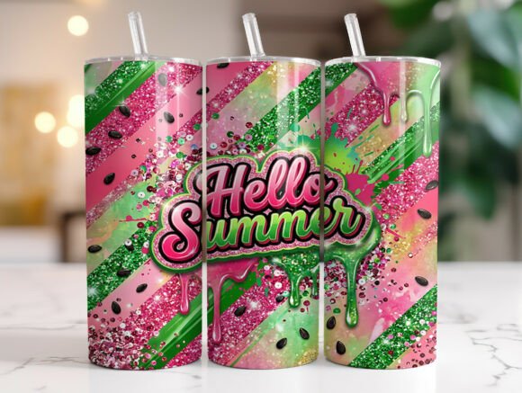 Hello Summer Watermelon Glitter Tumbler Wraps & Graphics