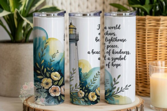 Peaceful Lighthouse Teal Floral Tumbler Graphics & Wraps