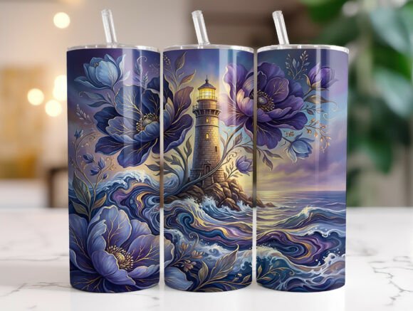Purple Floral Lighthouse Tumbler Wrap Graphics