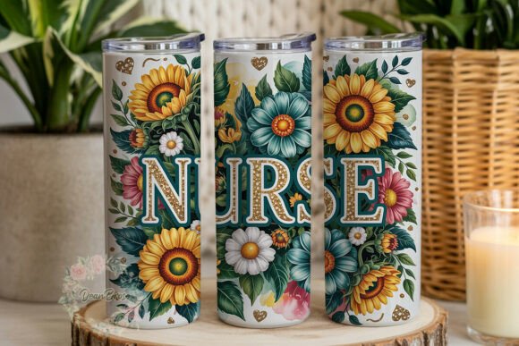 Sunflower Teal Nurse Floral 20oz Tumbler: Graphics & Tumbler Wraps