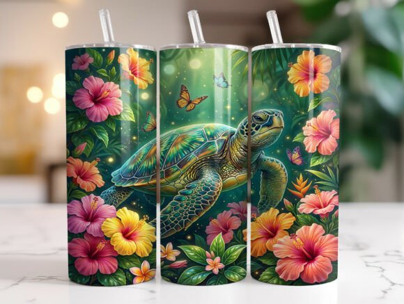 Tropical Sea Turtle Hibiscus Tumbler PNG: Graphics for Tumbler Wraps