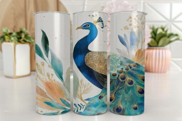 Watercolor Peacock Tumbler Wrap Floral Graphics for Crafters