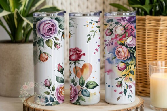Watercolor Roses Floral Tumbler Wraps Graphics