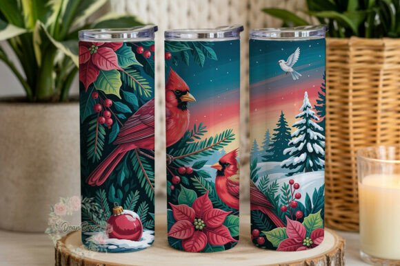 Winter Cardinal Poinsettia Tumbler Wraps Graphics